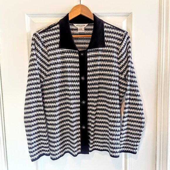 Misook Petite Black White Stripe Cardigan Sweater - Picture 1 of 5